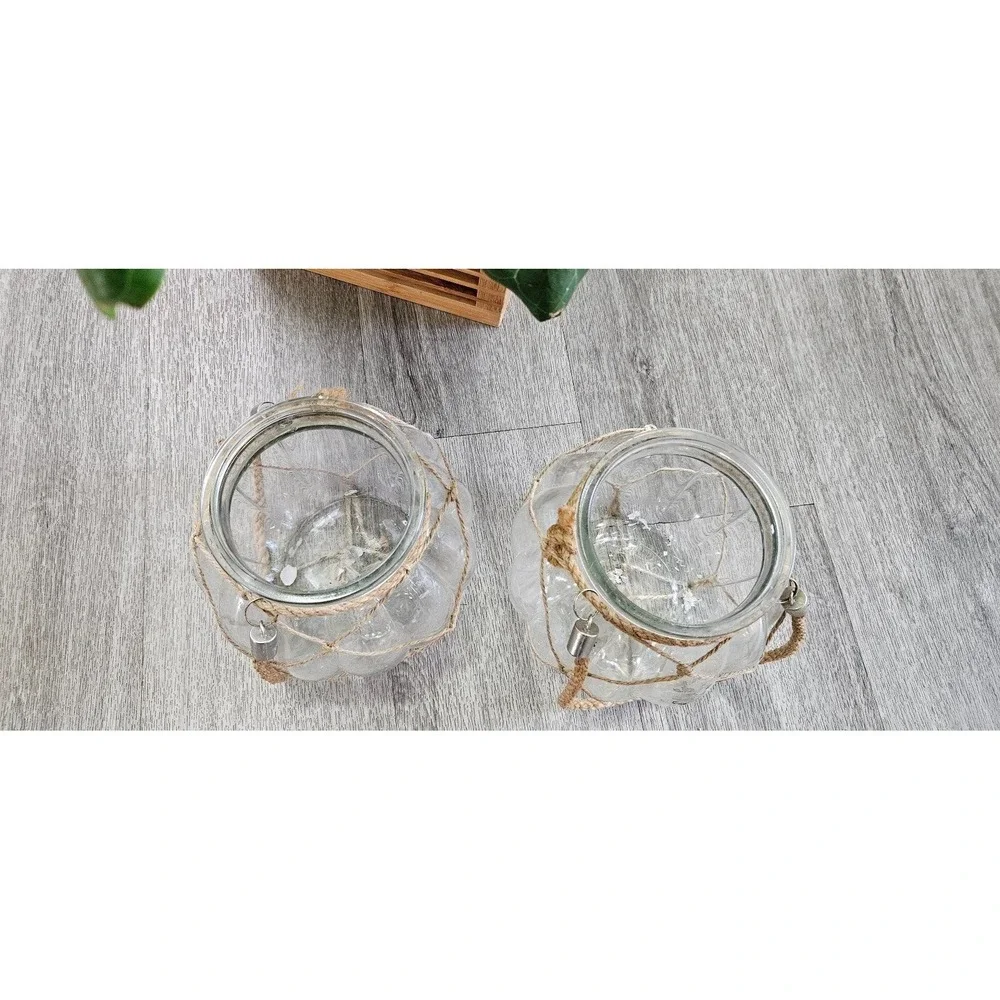 Set of 2 Nautical Glass Lanterns with Jute Rope Netting and Handles Clear Ribbed